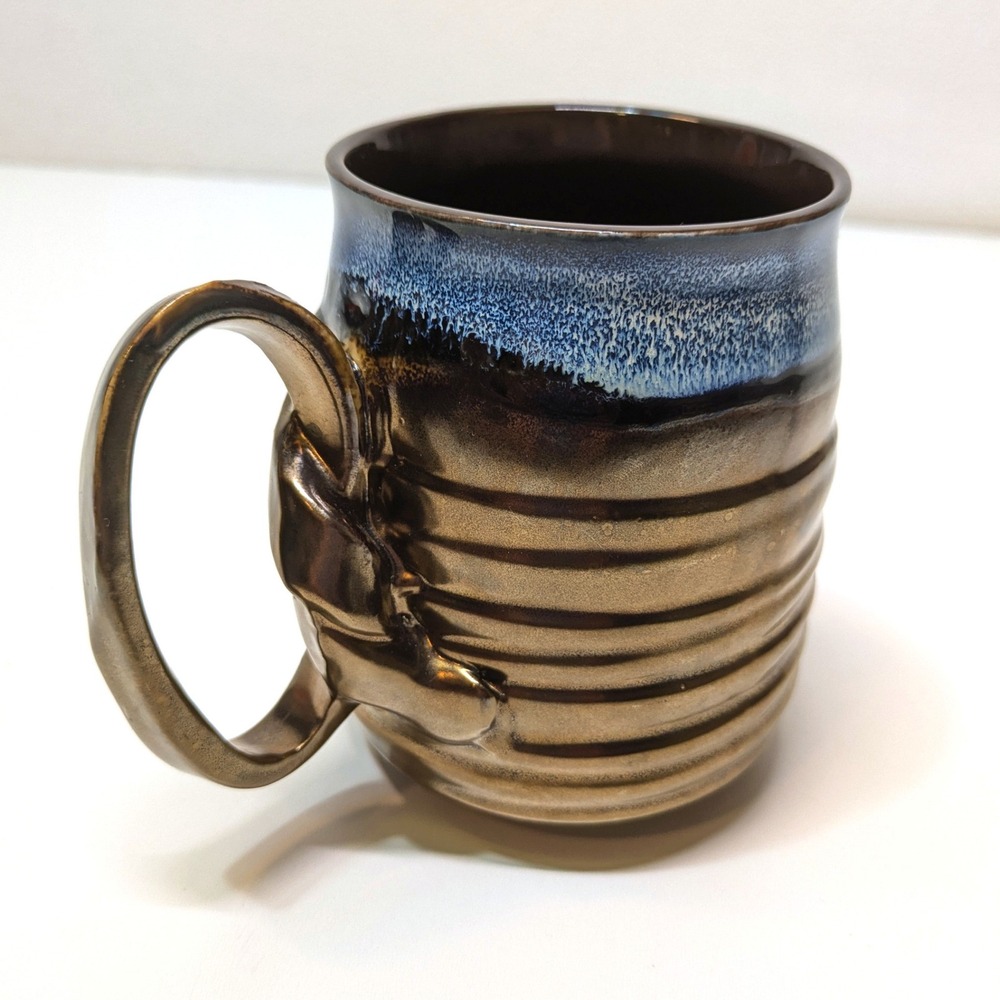 Roscher 16 Oz Stoneware Mug Metallic Bronze Blue Drip Glaze Knot Handle Western